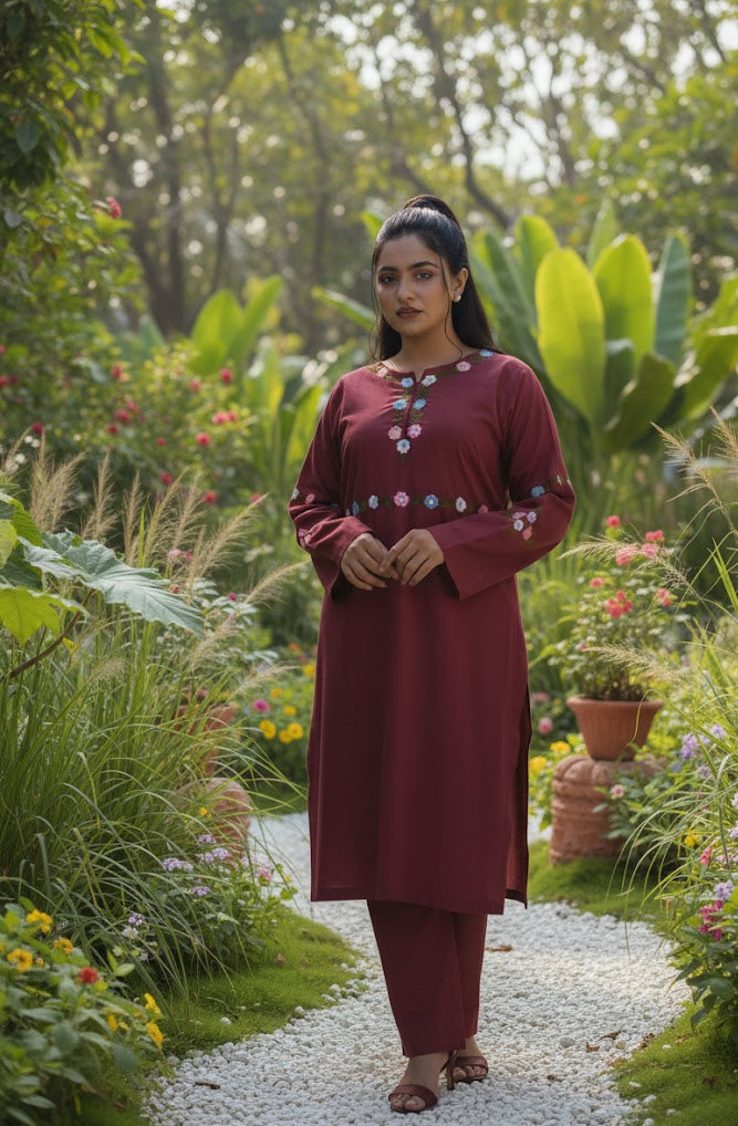 Hand Embroidered Burgundy Two-Piece Dress – Elegant Cotton Outfit for Women