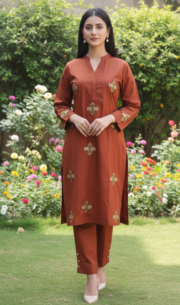 Rust Stitched Machine Embroidered Kurti Set – Cotton Jacquard Kurta & Trouser