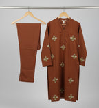 Rust Stitched Machine Embroidered Kurti Set – Cotton Jacquard Kurta & Trouser