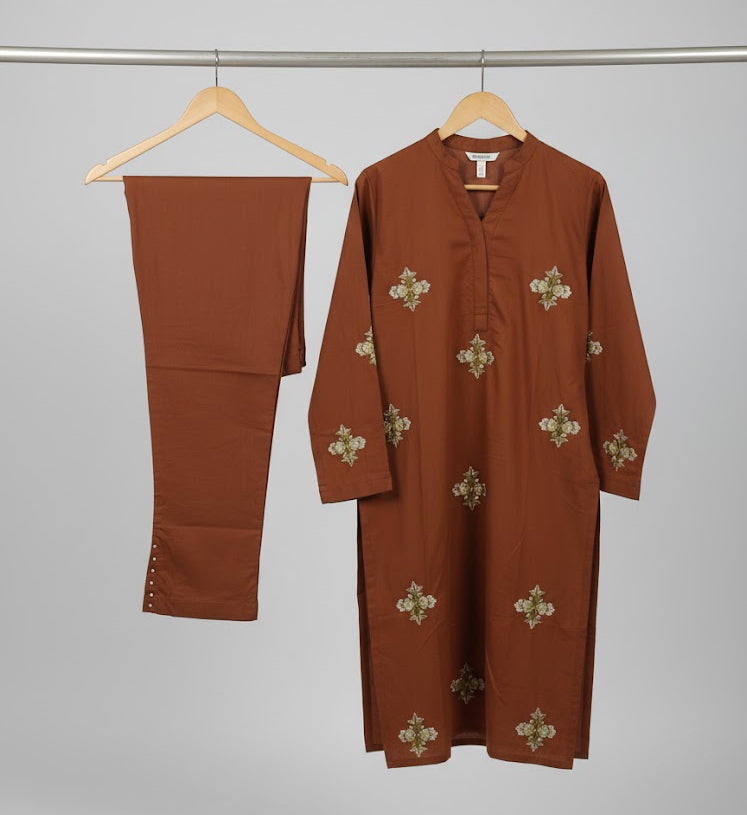 Rust Stitched Machine Embroidered Kurti Set – Cotton Jacquard Kurta & Trouser