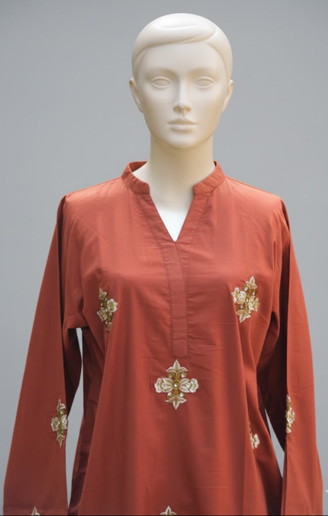 Rust Stitched Machine Embroidered Kurti Set – Cotton Jacquard Kurta & Trouser
