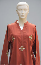 Rust Stitched Machine Embroidered Kurti Set – Cotton Jacquard Kurta & Trouser