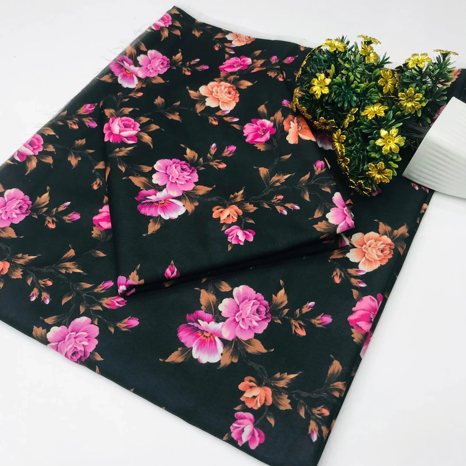 SastaaE 2 Pieces Unstitched Lawn All Over Flower Print Shirt & Trouser - Black - Buy Online at Shopping Karado