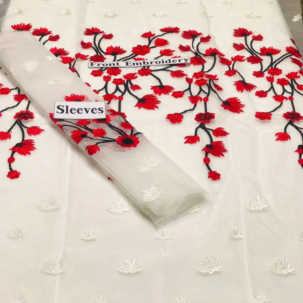 SastaaE 2 pc Unstitched Floral Dress Having Organza Fabric with Malai Trouser and Inner - Red - Buy Online at Shopping Karado