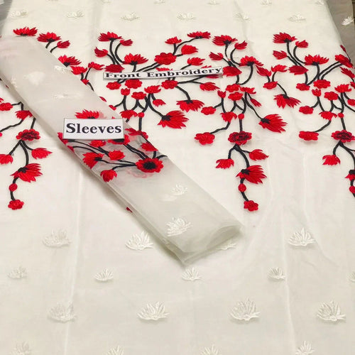 SastaaE 2 pc Unstitched Floral Dress Having Organza Fabric with Malai Trouser and Inner - Red - Buy Online at Shopping Karado