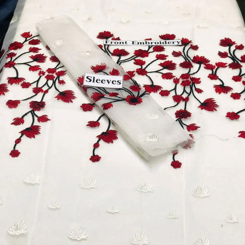 SastaaE 2 pc Unstitched Floral Dress Having Organza Fabric with Malai Trouser and Inner - Red - Buy Online at Shopping Karado