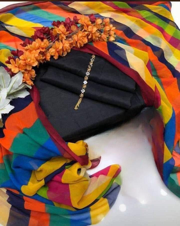 SastaaE 3 PC Unstitched Kataan Silk Plain Shirt & Trouser With Chiffon Chunri Multi Dupatta - Default Title - Buy Online at Shopping Karado