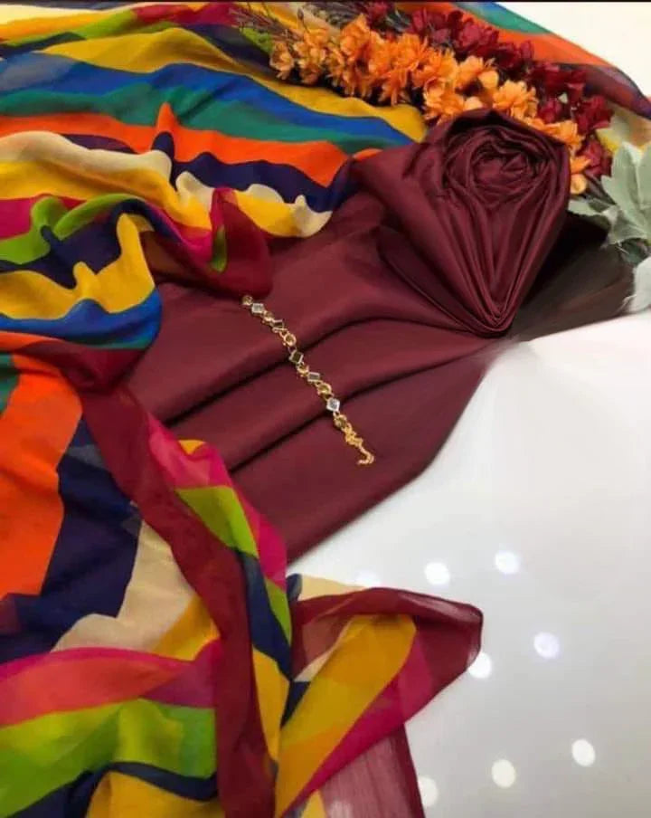 SastaaE SastaaE 3 PC Unstitched Kataan Silk Plain Shirt & Trouser With Chiffon Chunri Multi Dupatta - Default Title - shoppingkarado.com