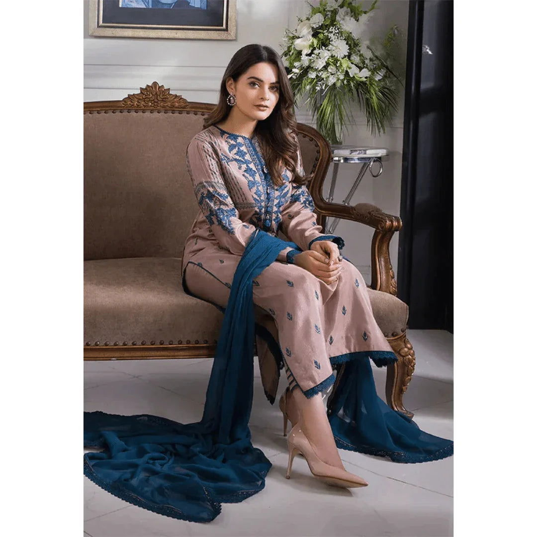 SastaaE 3 Piece Unstitched Embroidered Dress on Lawn Cotton fabric along with Chiffon Embroidered Dupatta - Default Title - Buy Online at Shopping Karado