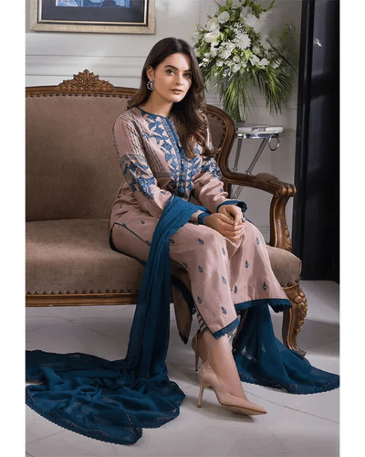 3 Piece Unstitched Embroidered Dress on Lawn Cotton fabric along with Chiffon Embroidered Dupatta