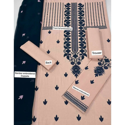 SastaaE 3 Piece Unstitched Embroidered Dress on Lawn Cotton fabric along with Chiffon Embroidered Dupatta Default Title - Shopping Karado Pakistan