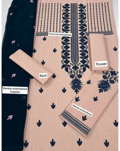 3 Piece Unstitched Embroidered Dress on Lawn Cotton fabric along with Chiffon Embroidered Dupatta