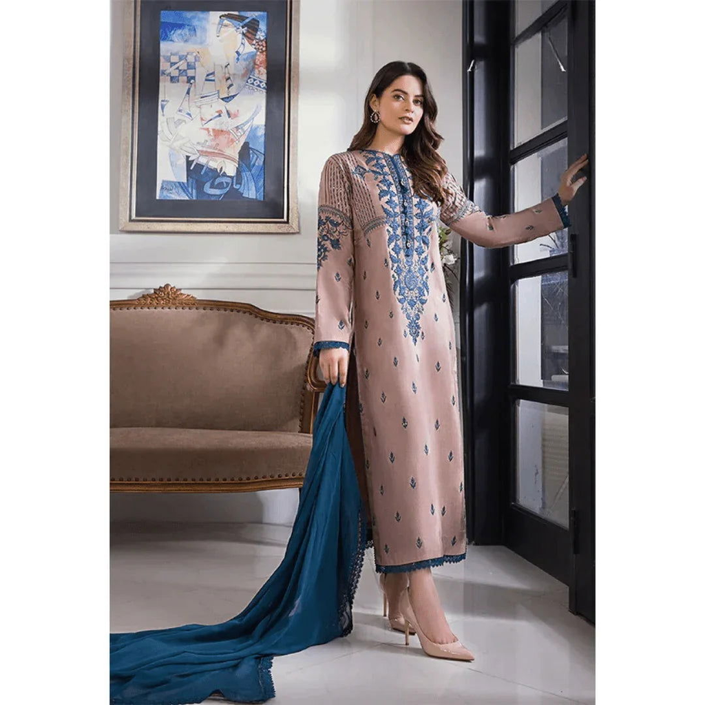 SastaaE 3 Piece Unstitched Embroidered Dress on Lawn Cotton fabric along with Chiffon Embroidered Dupatta Default Title - Shopping Karado