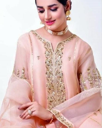 3 pc Unstitched Bridal Dress with full Embroidered and Handwork Shirt and Gotta work Dupatta