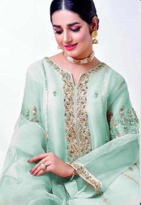 SastaaE SastaaE 3 pc Unstitched Bridal Dress with full Embroidered and Handwork Shirt and Gotta work Dupatta - Green - shoppingkarado.com