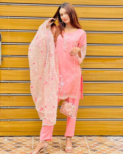 Organza 3pc Unstitched Embroidered & Adda Work Dress with Malai Inner