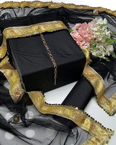 Presents Kataan Silk Suit 3pcs Net Gotta Work Duppatta With Plain Katan Silk Shirt & Trouser