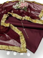 SastaaE Presents Kataan Silk Suit 3pcs Net Gotta Work Duppatta With Plain Katan Silk Shirt & Trouser Default Title - Shopping Karado Pakistan