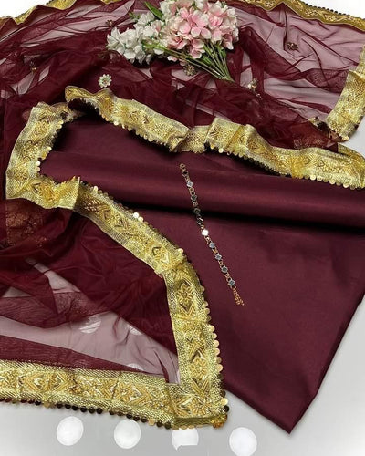 Presents Kataan Silk Suit 3pcs Net Gotta Work Duppatta With Plain Katan Silk Shirt & Trouser