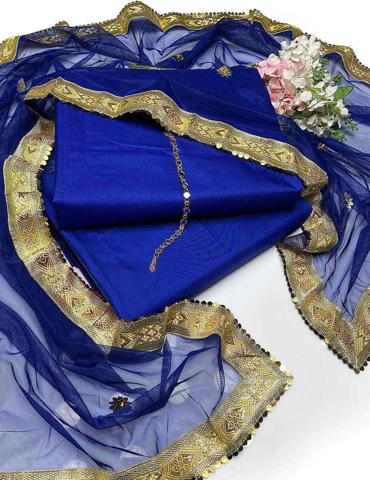 SastaaE SastaaE Presents Kataan Silk Suit 3pcs Net Gotta Work Duppatta With Plain Katan Silk Shirt & Trouser - Default Title - shoppingkarado.com