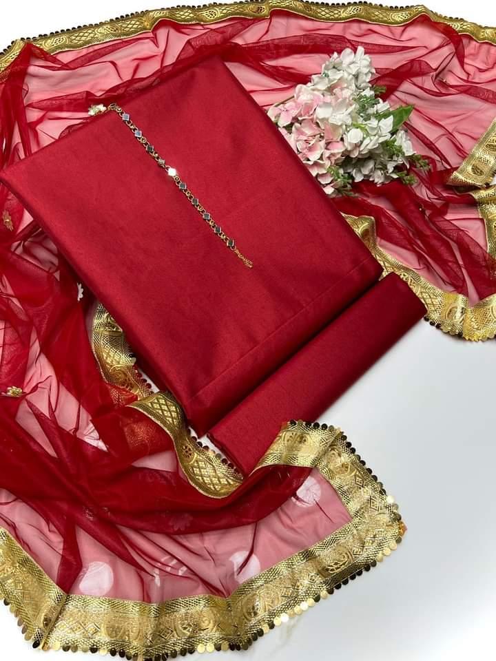 SastaaE Presents Kataan Silk Suit 3pcs Net Gotta Work Duppatta With Plain Katan Silk Shirt & Trouser Default Title - Shopping Karado