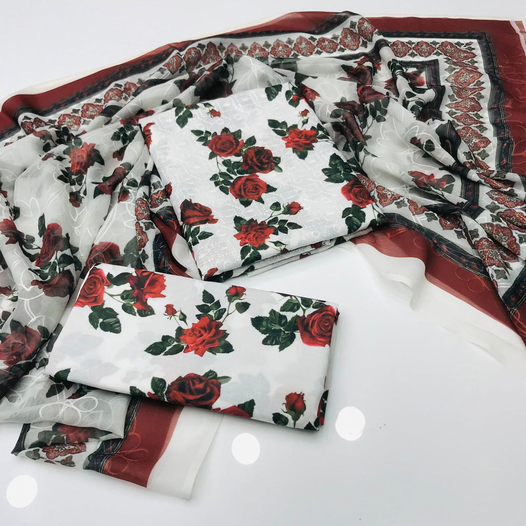 Sastaae 3 Pieces Unstitched Indian Chiffon Digital Printed Shifflie Work Dupatta With Digital Printed Lawn Shirt & Trouser - White - Buy Online at Shopping Karado