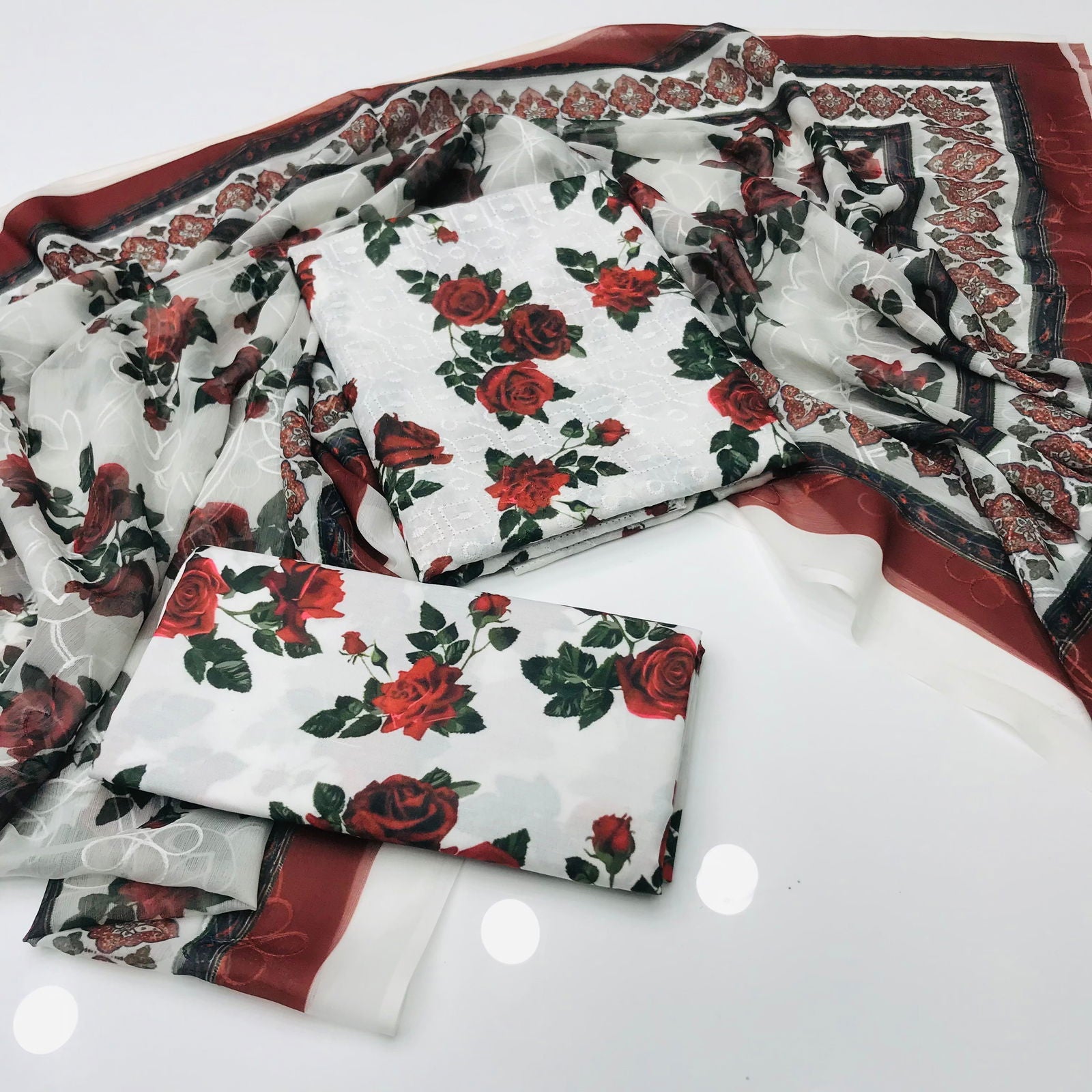 Sastaae 3 Pieces Unstitched Indian Chiffon Digital Printed Shifflie Work Dupatta With Digital Printed Lawn Shirt & Trouser - White - Buy Online at Shopping Karado