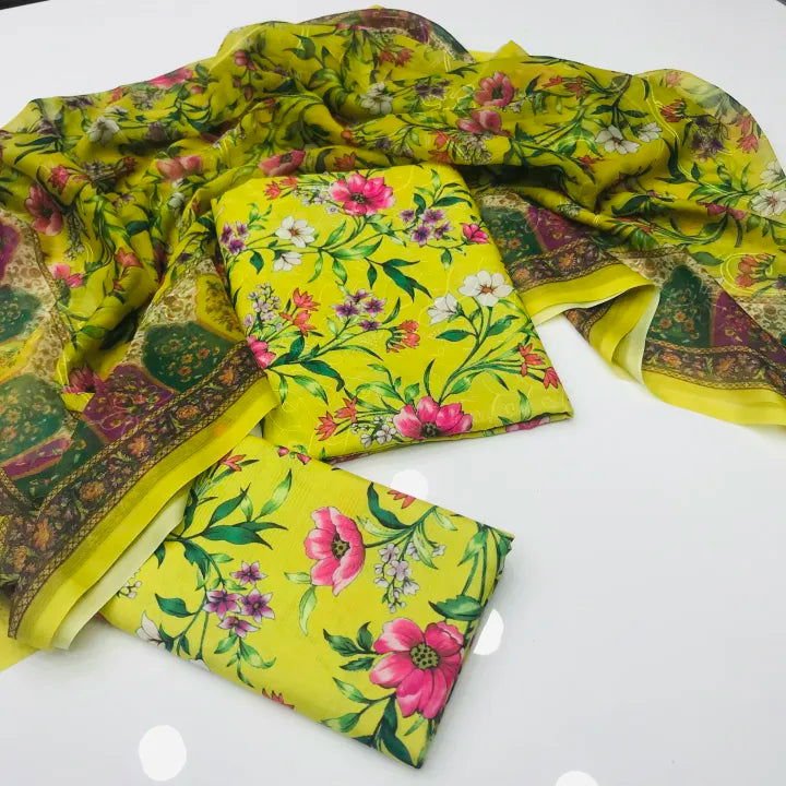 Sastaae 3 Pieces Unstitched Indian Chiffon Digital Printed Shifflie Work Dupatta With Digital Printed Lawn Shirt & Trouser White - Shopping Karado Pakistan