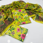 Sastaae 3 Pieces Unstitched Indian Chiffon Digital Printed Shifflie Work Dupatta With Digital Printed Lawn Shirt & Trouser White - Shopping Karado Pakistan
