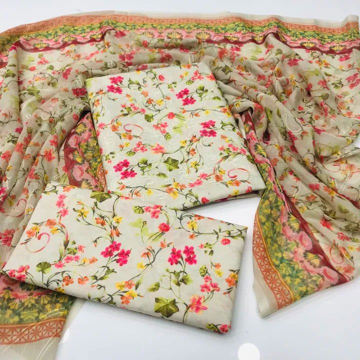 Sastaae 3 Pieces Unstitched Indian Chiffon Digital Printed Shifflie Work Dupatta With Digital Printed Lawn Shirt & Trouser White - Shopping Karado