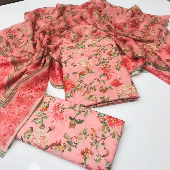 Sastaae 3 Pieces Unstitched Indian Chiffon Digital Printed Shifflie Work Dupatta With Digital Printed Lawn Shirt & Trouser White - Shopping Karado Pakistan