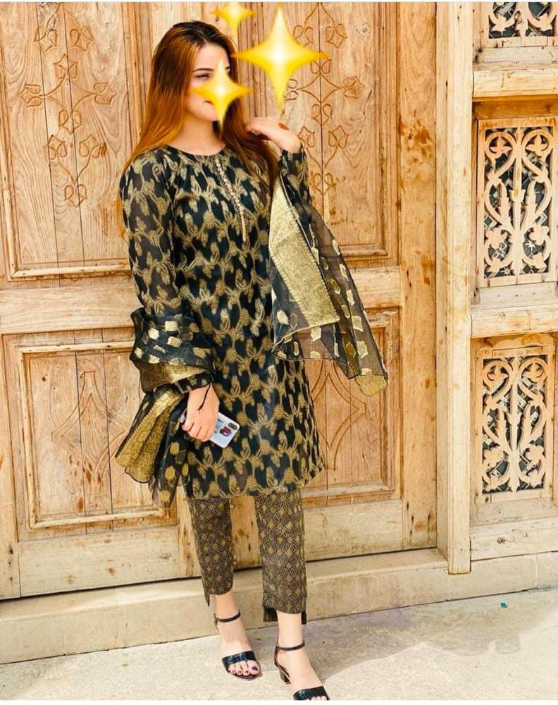Sastaae Cotton Jacquard 3 Pieces Paper Cotton Banarsi (Shirt,Touser,Duppatta) - Black - Buy Online at Shopping Karado