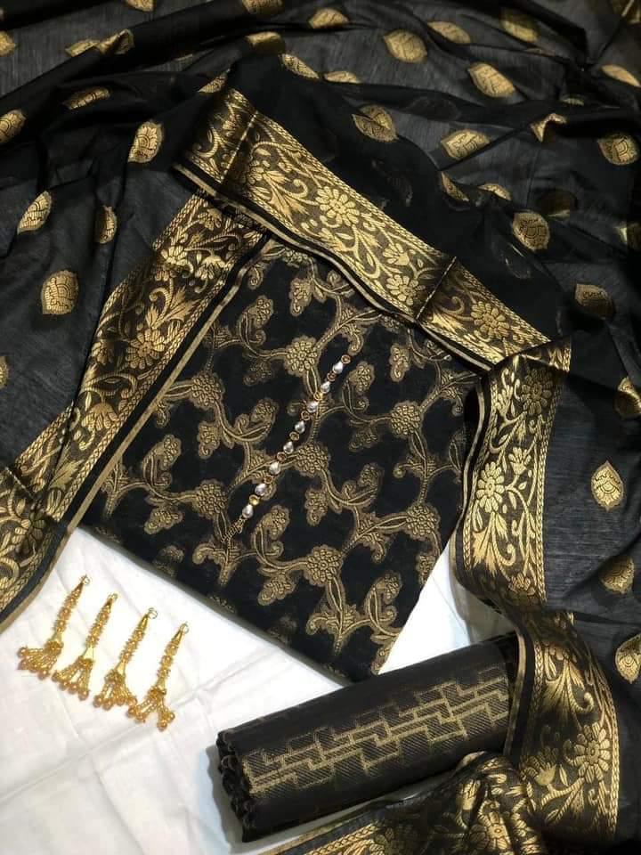 Sastaae Cotton Jacquard 3 Pieces Paper Cotton Banarsi (Shirt,Touser,Duppatta) Black - Shopping Karado Pakistan