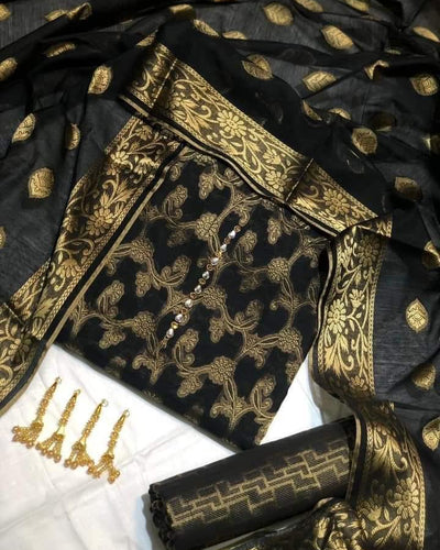 Cotton Jacquard 3 Pieces Paper Cotton Banarsi (Shirt,Touser,Duppatta)