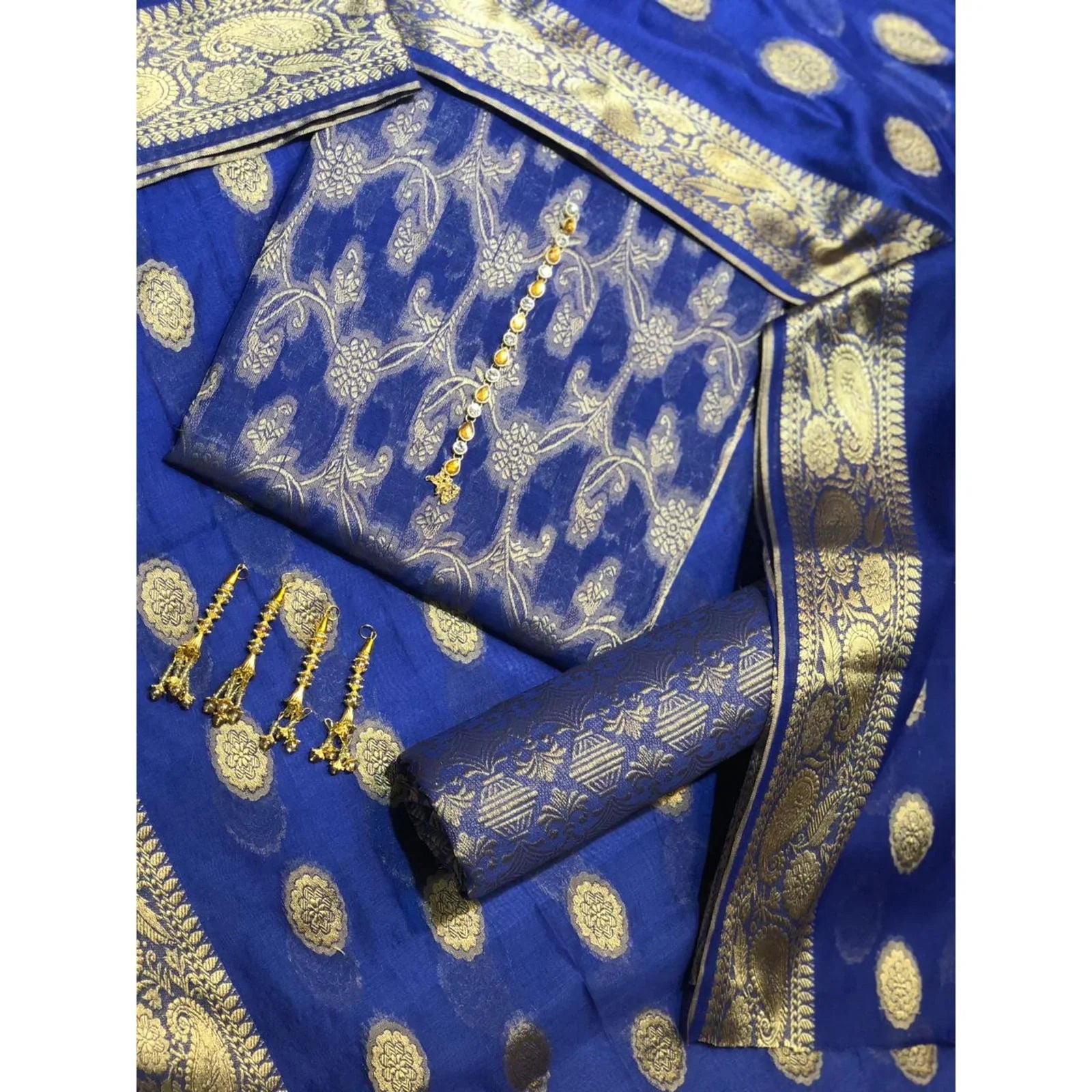 Sastaae Cotton Jacquard 3 Pieces Paper Cotton Banarsi (Shirt,Touser,Duppatta) Black - Shopping Karado