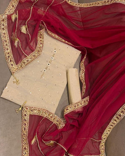 Mysoori Suit 3 Pieces Net Gotta Work Duppatta With Mysoori Hand Work Shirt & Mysoori Shabnum Touser