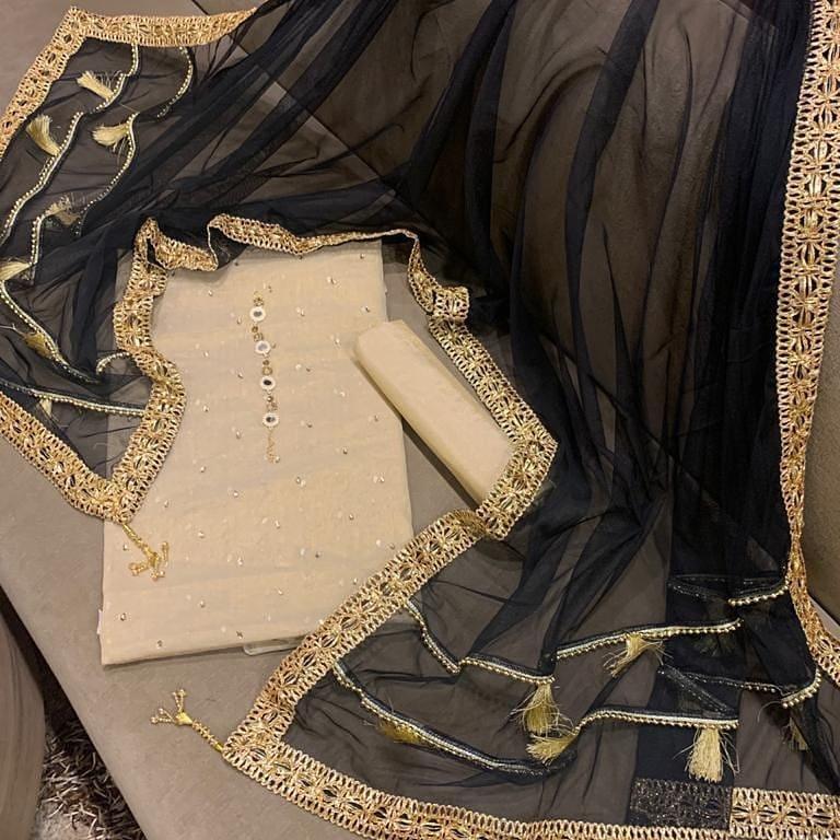 Sastaae Mysoori Suit 3 Pieces Net Gotta Work Duppatta With Mysoori Hand Work Shirt & Mysoori Shabnum Touser Default Title - Shopping Karado Pakistan