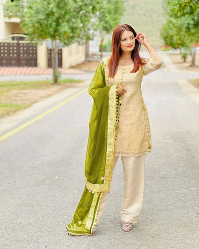 Mysoori Suit 3 Pieces Net Gotta Work Duppatta With Mysoori Hand Work Shirt & Mysoori Shabnum Touser