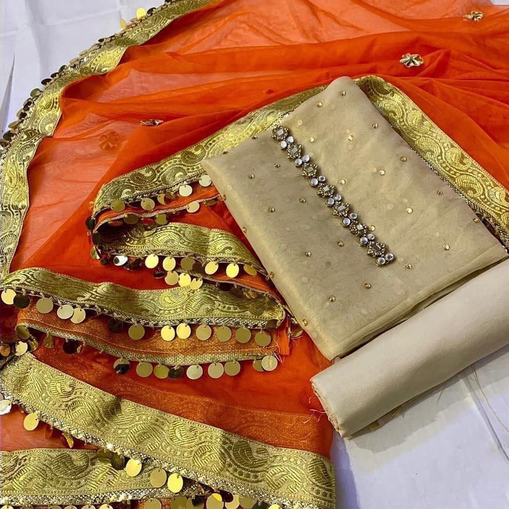 Sastaae Mysoori Suit 3 Pieces Net Gotta Work Duppatta With Mysoori Hand Work Shirt & Mysoori Shabnum Touser Default Title - Shopping Karado Pakistan