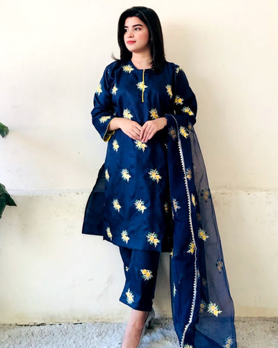 Stitched 3pc Floral Embroidered Dress