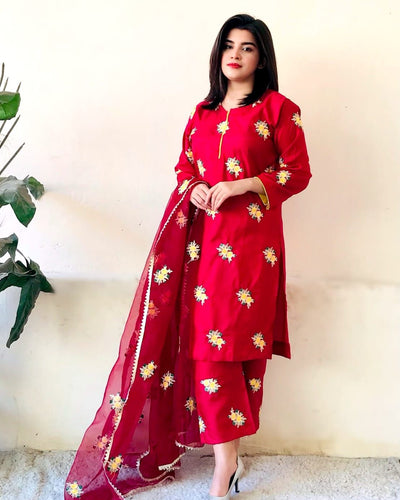 Stitched 3pc Floral Embroidered Dress