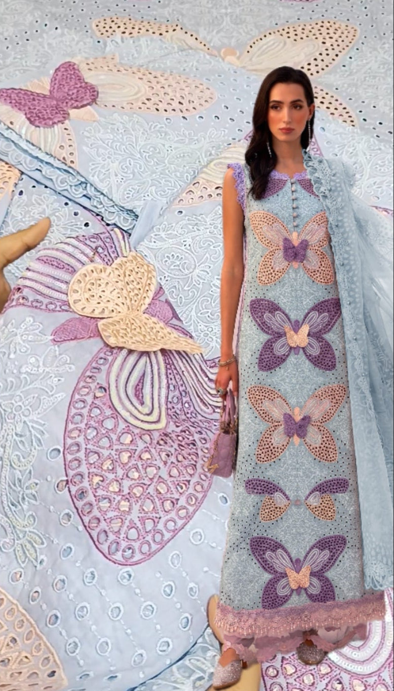 Buy 3Pc Shahi Butterfly Luxury Lawn Sky Blue Online at Shopping Karado - Premium Quality Unstitched Suit