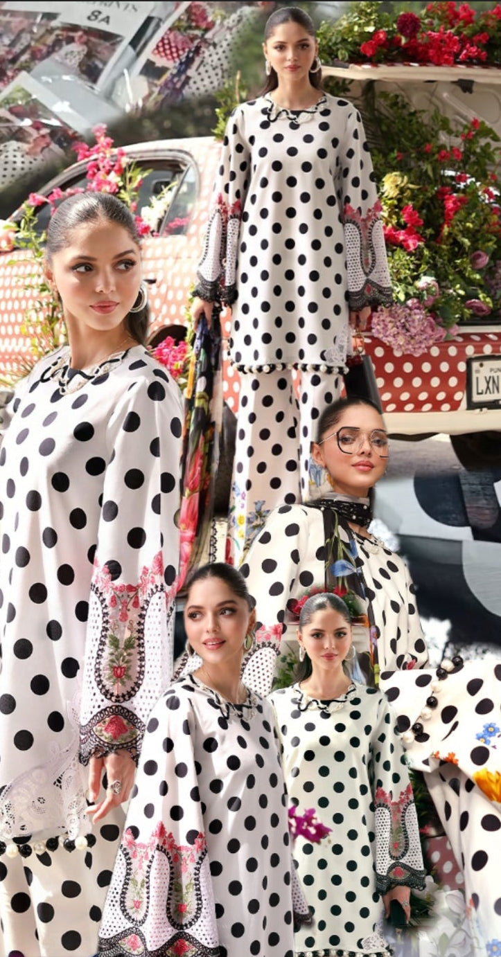 Buy 3Pc White Polka Lawn Online at Shopping Karado - Premium Quality Unstitched Suit