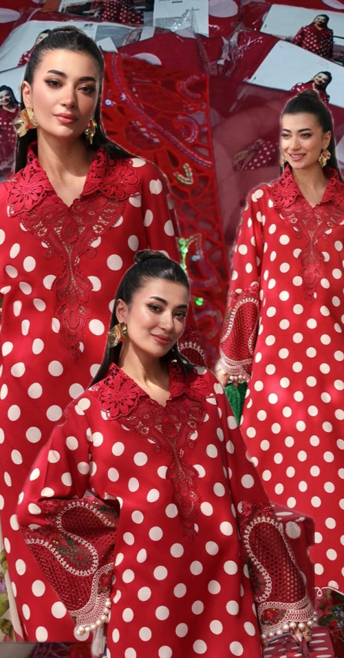 Buy 3Pc Polka Dot Red Law Online at Shopping Karado - Premium Quality Unstitched Suit