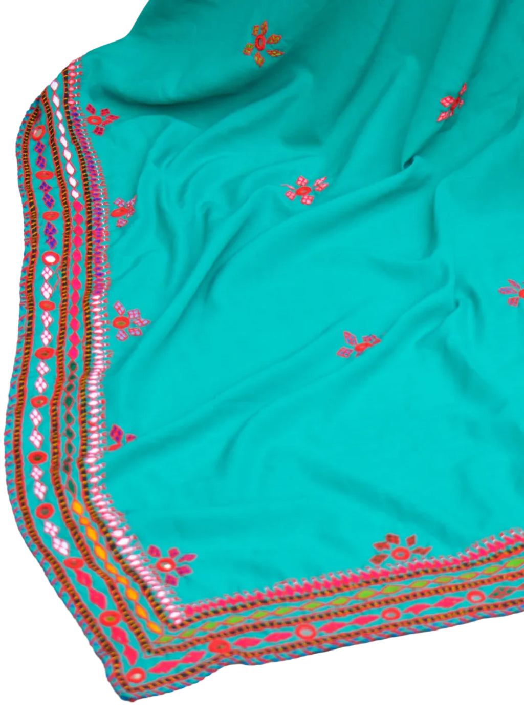Sindhi Hand Embroidered Sea Green Chadar – Mirror Work on Swiss Voil
