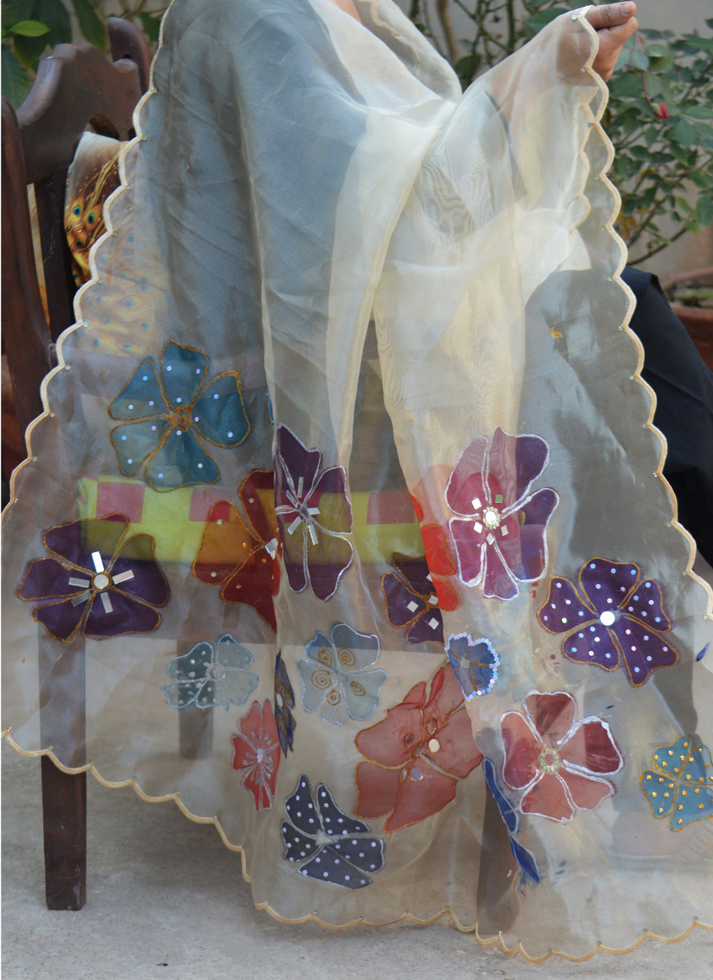Luxury Pure Organza Dupatta with Jacquard Weave, Beadwork, Mirrors & Embroidered Cutwork Border