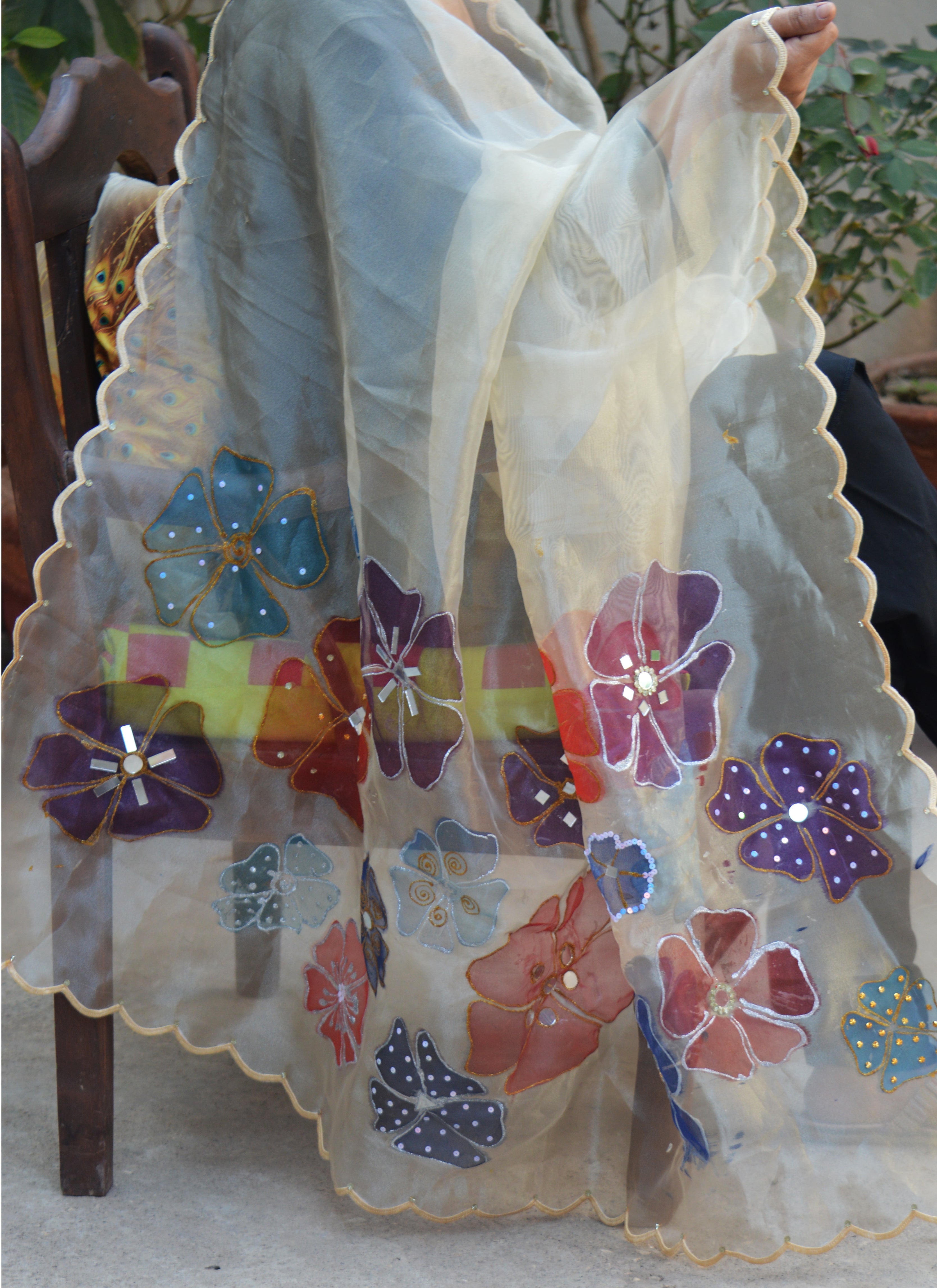 Luxury Pure Organza Dupatta with Jacquard Weave, Beadwork, Mirrors & Embroidered Cutwork Border