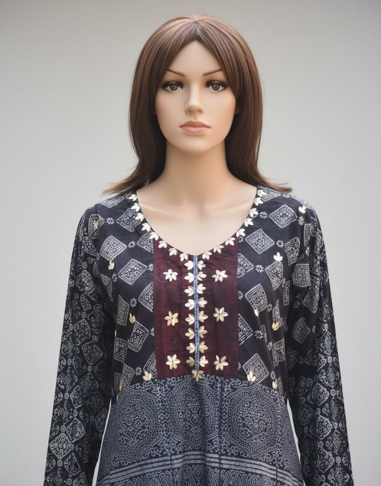 Stitched Frock Kurta Organic Dyed Hand Block Printed Ajrak Indigo Cotton