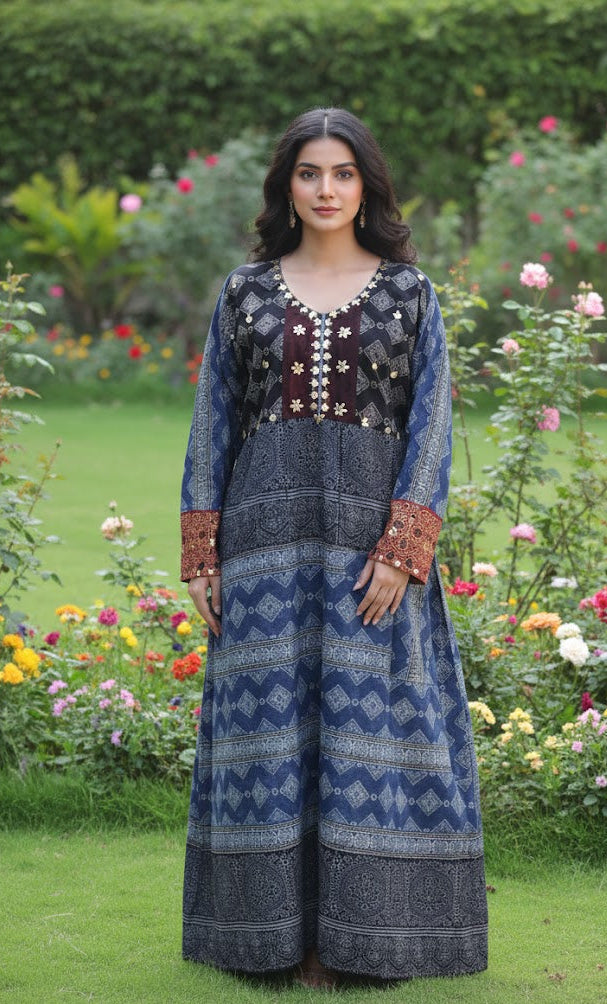 Stitched Frock Kurta Organic Dyed Hand Block Printed Ajrak Indigo Cotton