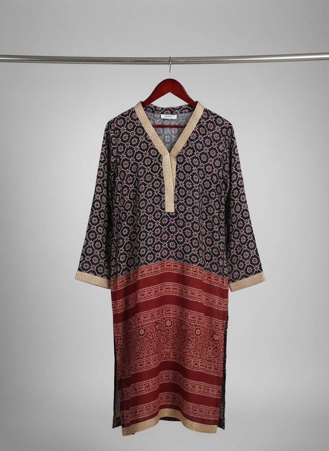 Stitched Kurta Organic Dyed Hand Block Printed Ajrak Design Dress – Linen with Gotta Patti
